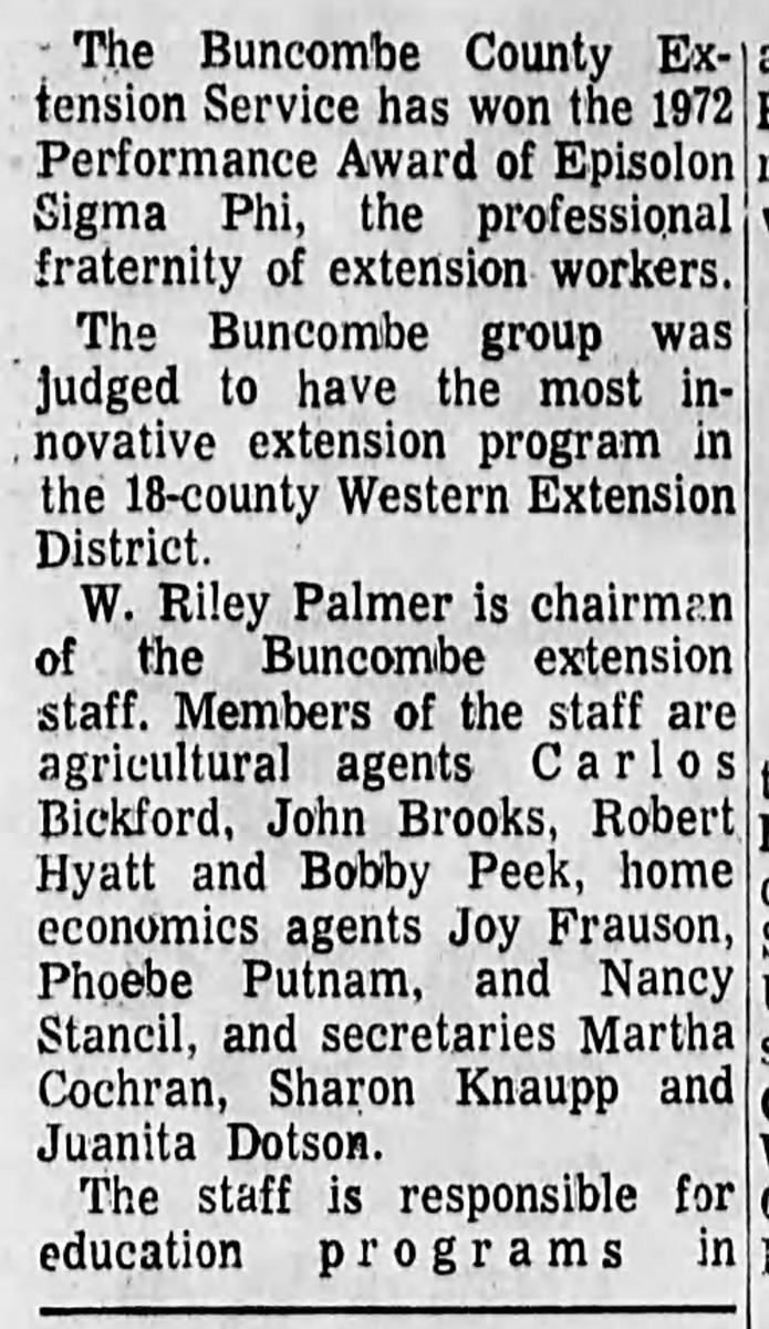 Newspaper article about Buncombe Extension winning the Episolon Sigma Phi Performance Award in 1972.