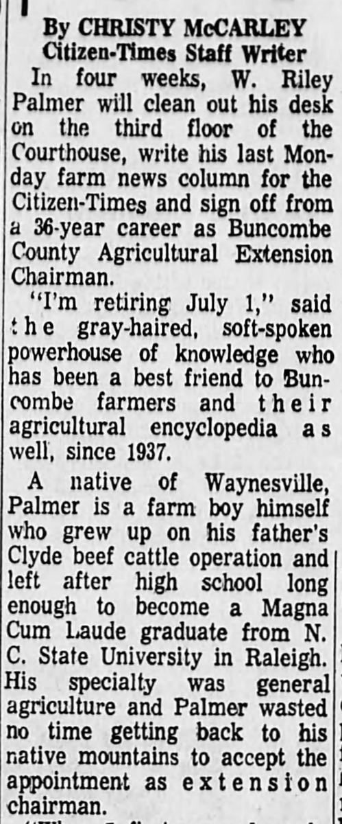 Newspaper article announcing the retirement of W Riley Palmer from N.C. Cooperative Extension, in 1973. 