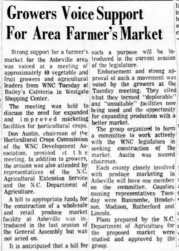 Newspaper article about growing support for a major farmers market to be located in Asheville.