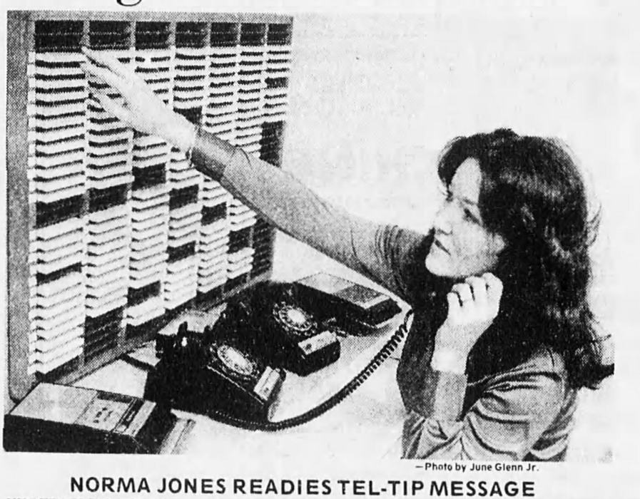 Black and White newspaper photo of Norma Jones, Extension "Tel-Tip" operator.