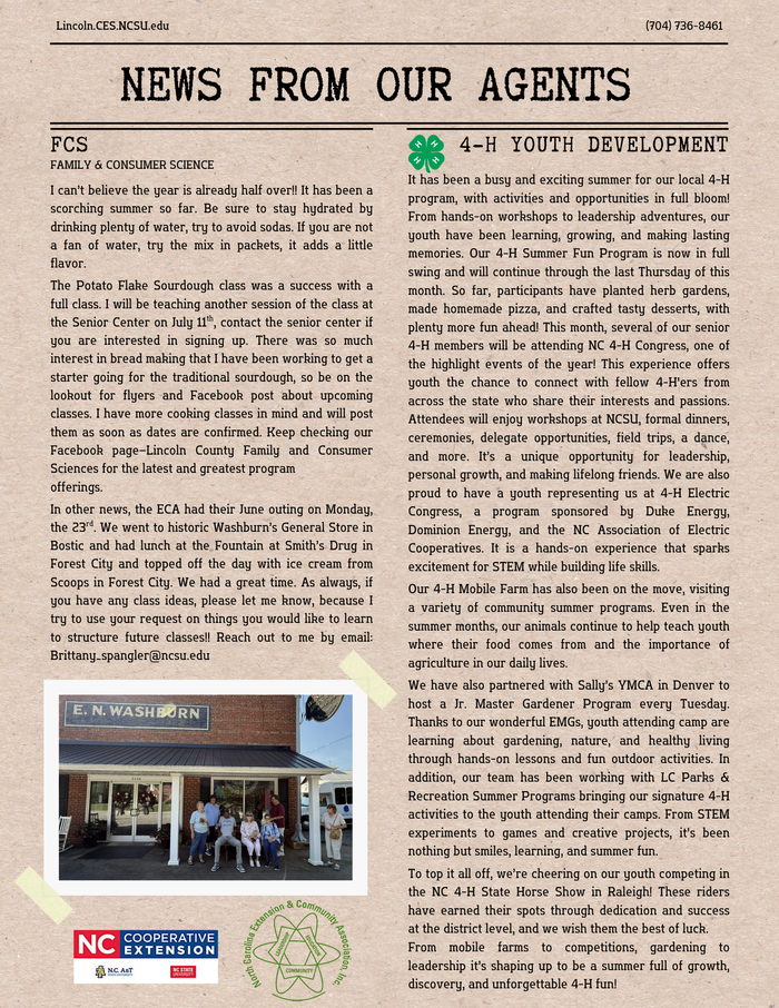 page 2 of July 2025 Newsletter with FCS & 4-H updates