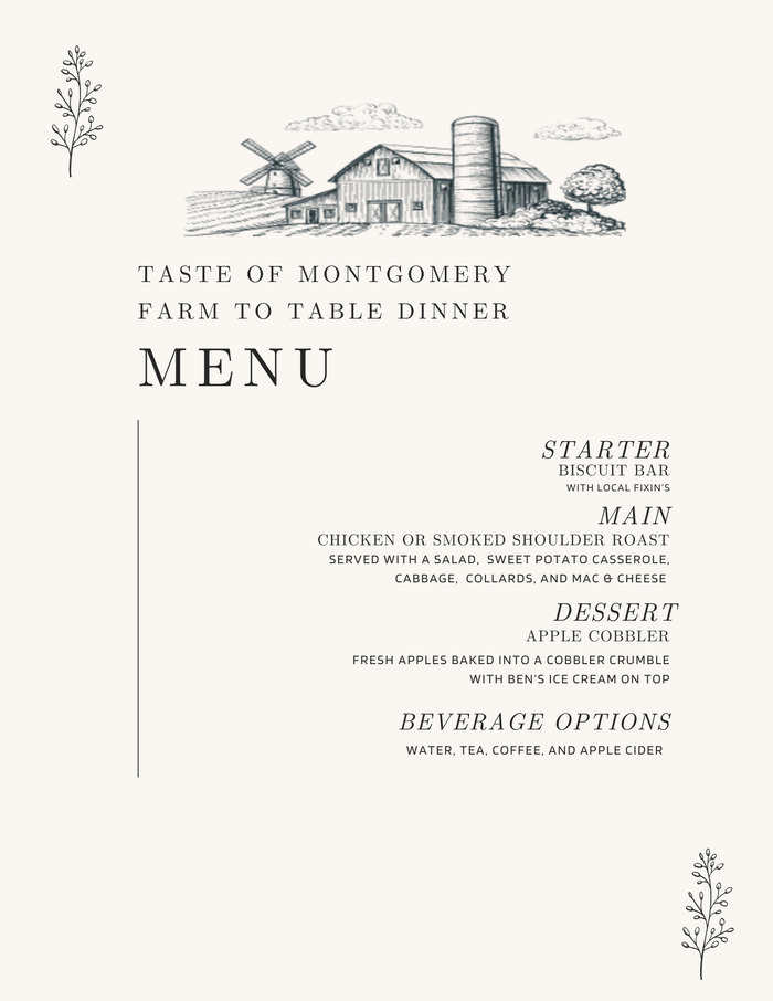 Menu titled "Taste of Montgomery — Farm to Table Dinner" listing starter, main, dessert, beverages.