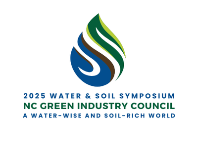 Green/blue/brown droplet logo above text: 2025 WATER & SOIL SYMPOSIUM; NC GREEN INDUSTRY COUNCIL