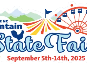 NC Mountain State Fair logo: mountains, tent, ferris wheel, rooster; September 5–14, 2025