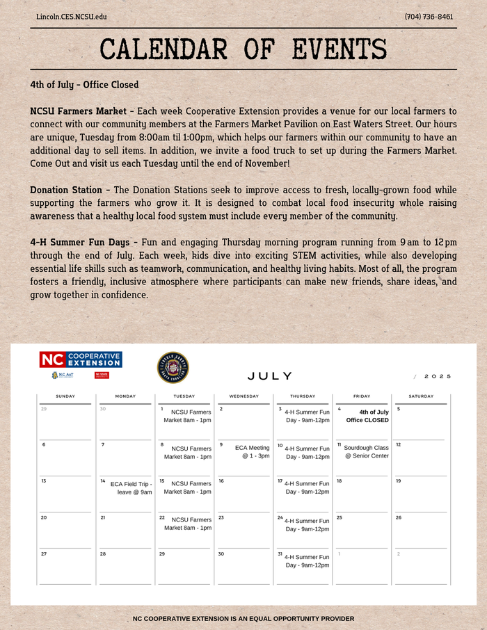 page 4 of July 2025 Newsletter with Calendar of Events