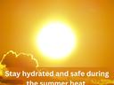 Stay hydrated and safe during the summer heat. Image of yellow sun against orange sky.