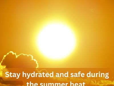 Stay hydrated and safe during the summer heat. Image of yellow sun against orange sky.