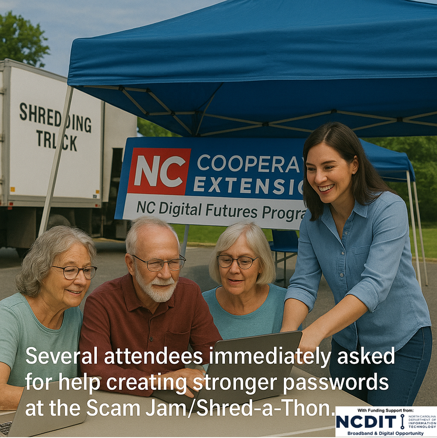 Older people learn at a computer at a shredding event. Several attendees immediately asked for help creating stronger passwords at the Scam Jam/Shred-a-Thon.