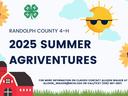 red barn, sun with sunglasses on, the 4-H clover, green grass and the words randolph county 4-H 2025 summer agriventures with accomodation statement
