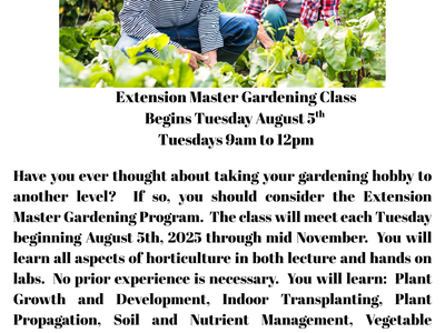 Two people gardening; text: "ENROLL NOW" and "Extension Master Gardening Class begins Aug 5, Tuesdays 9am–12pm"