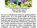 Two people gardening; text: "ENROLL NOW" and "Extension Master Gardening Class begins Aug 5, Tuesdays 9am–12pm"