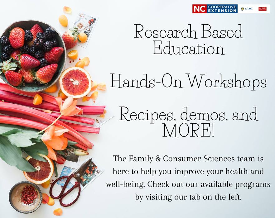 Bowl of berries and produce left; text right: "Research Based Education, Hands-On Workshops, Recipes, demos, and MORE!"