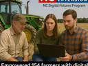 Three people sit around a tablet in a field. Empowered 154 farmers with digital skills to secure disaster aid.