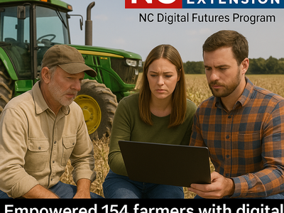 Three people sit around a tablet in a field. Empowered 154 farmers with digital skills to secure disaster aid.