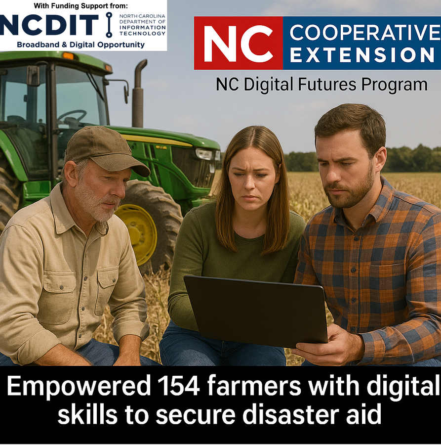 Three people sit around a tablet in a field. Empowered 154 farmers with digital skills to secure disaster aid.