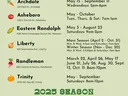 Flyer titled 'Randolph County Farmers Markets – 2025 Season' with colorful vegetable illustrations. Lists six market locations with addresses and operating seasons/hours: Archdale, Asheboro, Eastern Randolph, Liberty, Randleman, Trinity.
