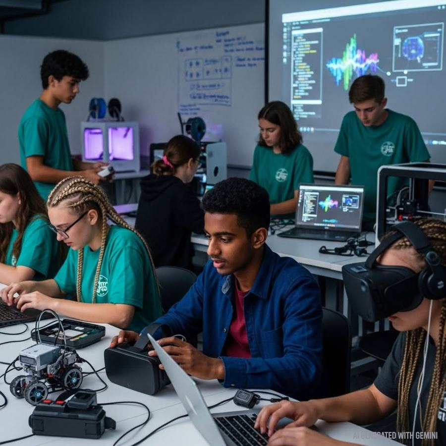 Students discovering new technology devices.