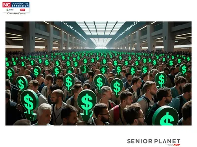 Crowd holding glowing green dollar-sign signs inside a large hall; "Senior Planet" logo