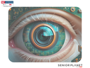 Human eye with camera-lens pupil and circuit-board iris; text "Senior Planet" and "NC Cooperative Extension"