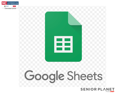 Google Sheets logo: green spreadsheet icon with text "Google Sheets" and "SENIOR PLANET"