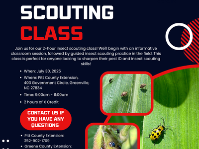 Insect Scouting Class — July 30, 2025, 9:00am–11:00am; event poster with insect photos