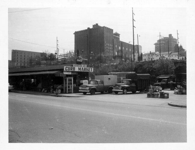 Black and white photo of the Lexington Avenue Curb Market in downtown Asheville, NC in 1969.