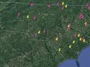 Map of North Carolina with pins showing the trial locations