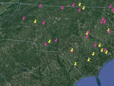 Map of North Carolina with pins showing the trial locations