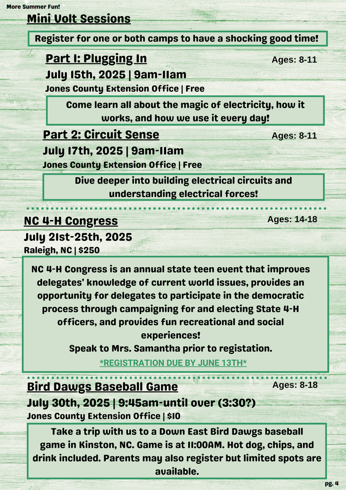 More Summer Fun! Mini Volt Sessions Register for one or both camps to have a shocking good time! Part I: Plugging In Ages: 8-11 July 15th, 2025 | 9am-lam Jones County Extension Office | Free Come learn all about the magic of electricity, how it works, and how we use it every day! Part 2: Circuit Sense Ages: 8-11 July 17th, 2025 | 9am-llam Jones County Extension Office | Free Dive deeper into building electrical circuits and understanding electrical forces! NC 4-H Congress Ages: 14-18 July 21st-25th, 2025 Raleigh, NC | $250 NC 4-H Congress is an annual state teen event that improves delegates' knowledge of current world issues, provides an opportunity for delegates to participate in the democratic process through campaigning for and electing State 4-H officers, and provides fun recreational and social experiences! Speak to Mrs. Samantha prior to registation. *REGISTRATION DUE BY JUNE 13TH* Bird Dawgs Baseball Game Ages: 8-18 July 30th, 2025 | 9:45am-until over (3:30?) Jones County Extension Office | $10 Take a trip with us to a Down East Bird Dawgs baseball game in Kinston, NC. Game is at 11:00AM. Hot dog, chips, and drink included. Parents may also register but limited spots are available. pg. 4