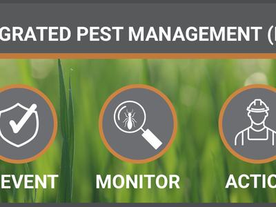 Integrated Pest Management (IPM) banner with icons and text: Prevent, Monitor, Action over grass
