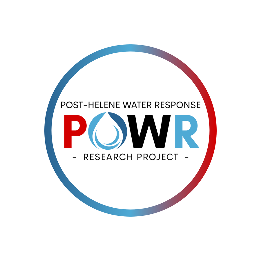 POWR logo — POST-HELENE WATER RESPONSE; water droplet as O; - RESEARCH PROJECT -