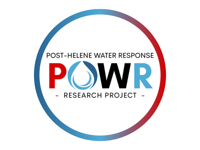 POWR logo — POST-HELENE WATER RESPONSE; water droplet as O; - RESEARCH PROJECT -