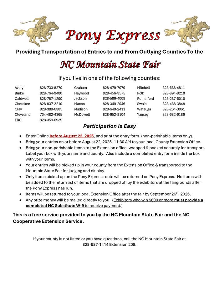 Pony Express flyer: NC Mountain State Fair transport service; entry deadline Aug 22, 2025