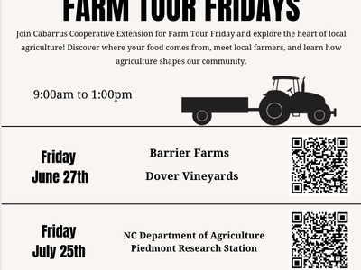 Farm Tour Fridays 9am–1pm — June 27: Barrier Farms & Dover Vineyards; July 25: NC Dept of Agriculture