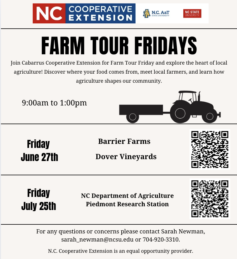Farm Tour Fridays 9am–1pm — June 27: Barrier Farms & Dover Vineyards; July 25: NC Dept of Agriculture