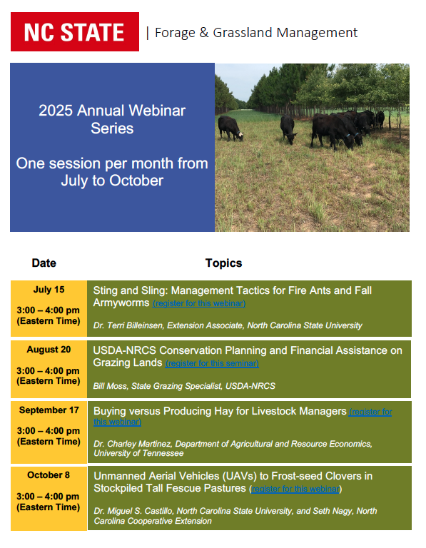 NC State Forage & Grassland 2025 Webinar Series, one session monthly Jul–Oct; Jul15 Aug20 Sep17 Oct8