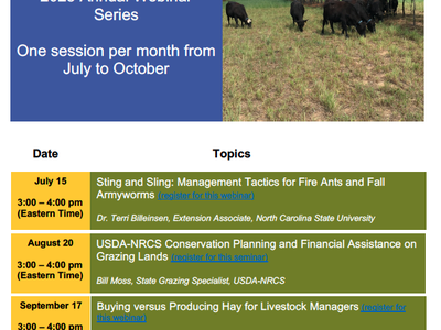 NC State Forage & Grassland 2025 Webinar Series, one session monthly Jul–Oct; Jul15 Aug20 Sep17 Oct8
