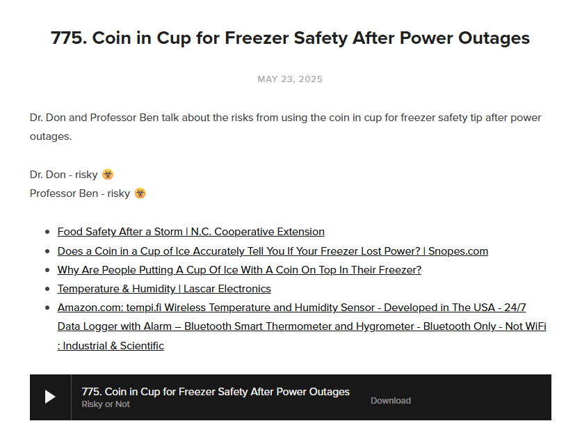 Dr. Don and Professor Ben mark the Coin in Cup for Freezer safety as a risky practice.
