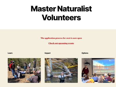 'Master Naturalist Volunteers' header, notice 'application process for 2026 is now open', three photos beneath