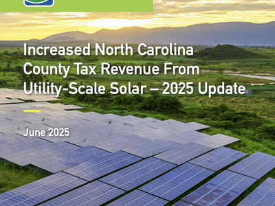 Solar array with text: "Increased NC County Tax Revenue From Utility-Scale Solar — 2025 Update"