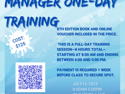 ServSafe Manager one-day training — Cost $125; July 15, 2025, 8:00AM–5:00PM; 79 Carmel Lane, Columbus NC