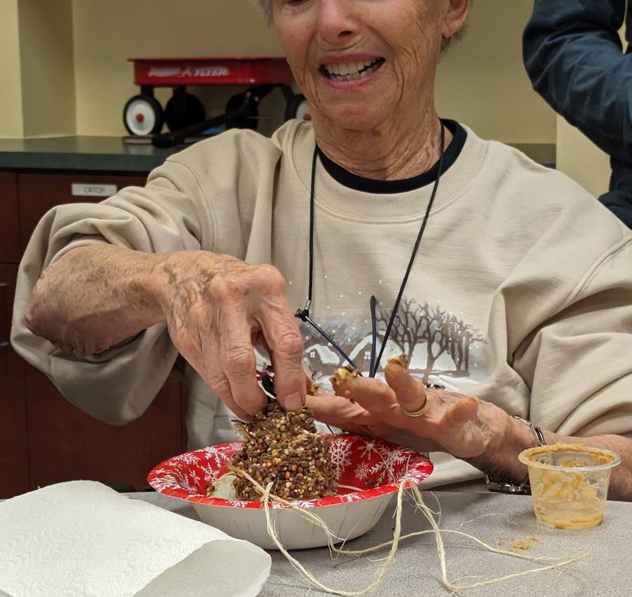 Person spreading birdseed onto a peanut-butter-coated pinecone over a bowl