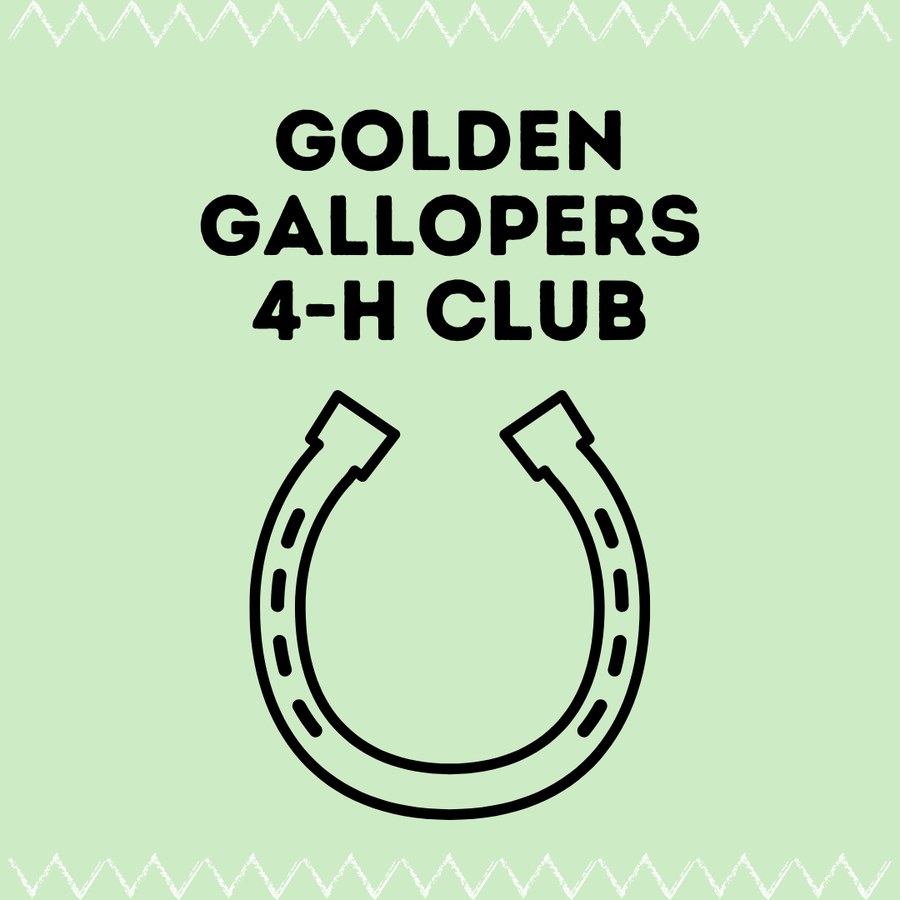 Text "GOLDEN GALLOPERS 4-H CLUB" above a large horseshoe on a pale green background