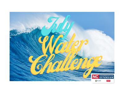 Large ocean wave with overlaid text "July Water Challenge" and NC Cooperative Extension logo