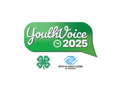 Image of the YouthVoice Logo in scrolling lettering with the 4-H clover and Boys & Girls Club logo underneat