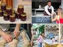 four pictures of jams, food truck, making bread and food stand