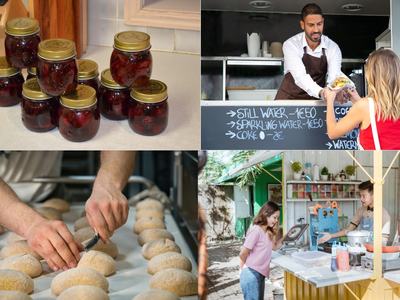 four pictures of jams, food truck, making bread and food stand