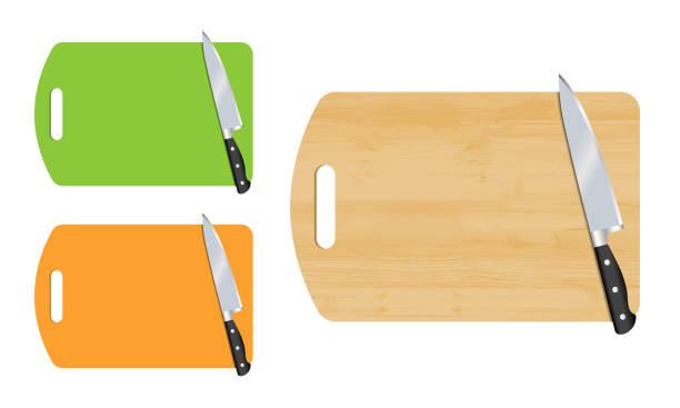 Set of cutting boards with kitchen knives isolated on white background. Vector illustration.