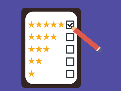 Clipboard showing rows of star ratings; pencil marking the five-star checkbox