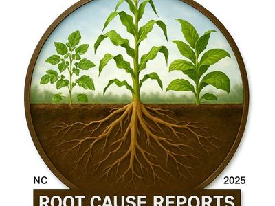picture from left to right of soybean, corn, and tobacco in circle with sky on top half and soil with roots from corn plant on bottom half and the works root cause reports in white in brown block and -statewide collaboration- in brown letters under the bl